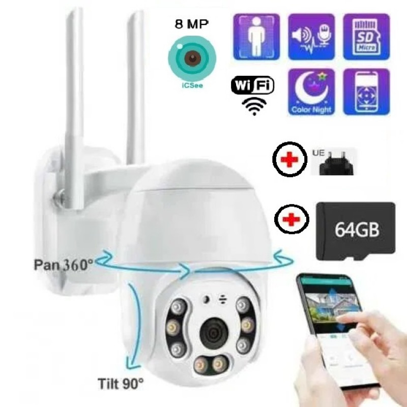 ICSEE ВОДОУСТОЙЧИВА WIFI IP FULL HD 1920Х1080, 8.0MP 355° 4+4 LED + карта памет 64 ГБ